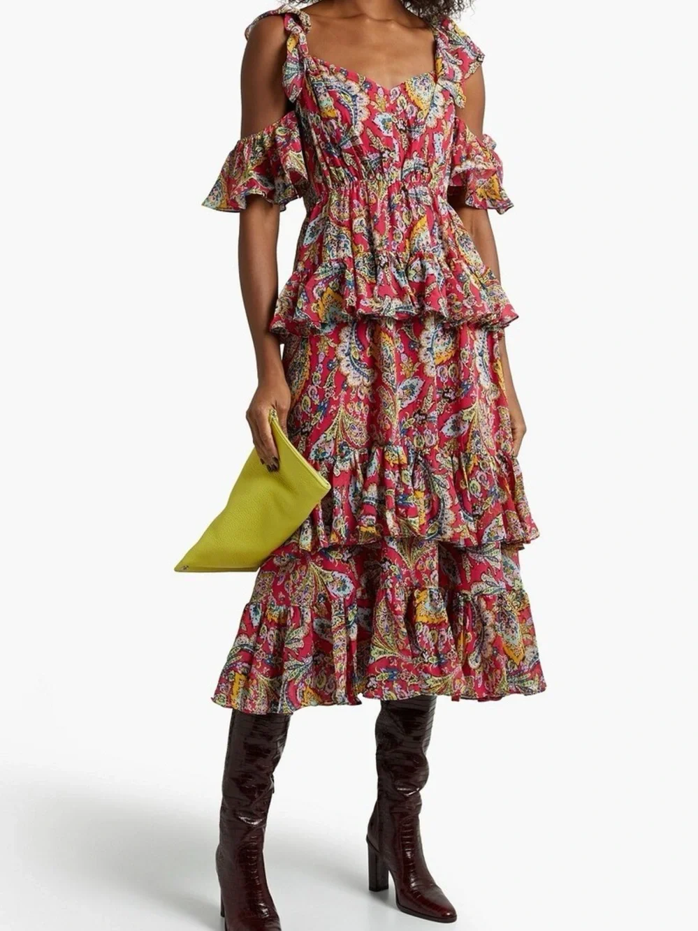 Cinq a Sept Collier Ruffle Cold Shoulder Chiffon Dress in Primrose Pink Paisley - Picture 3 of 11